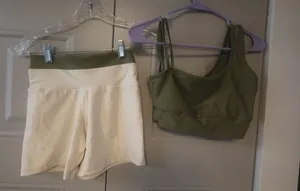 Workout exercise loungewear casual summer active shorts and one should top sports bra set in olive green and beige thumbnail 1