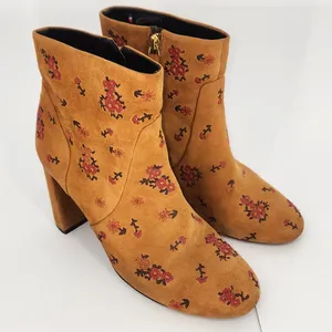 Bocage Cognac Suede Floral Embroidered Ankle Booties Block Heel EU 40 (US 9) thumbnail 2