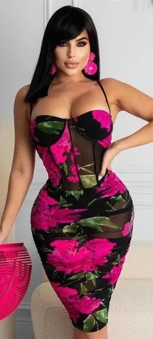 Sexy pink flower bodycon dress thumbnail 1