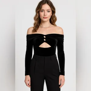 NWT REVOLVE by Glamorous Black Velvet Off-Shoulder Bodysuit thumbnail 2