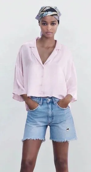 Zara pink satin effect crop top button up Size XS thumbnail 1