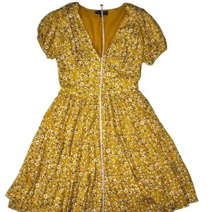 Yellow Ditsy Floral Boho Mini Dress Size PS V Neck Puff Sleeve Tiered Spring Fit thumbnail 6