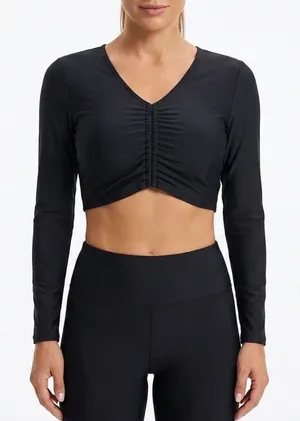 Calia Womens Black Ruched V-Neck Long Sleeve Crop Top Size M thumbnail 1