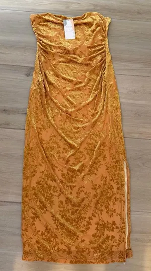 NEW Velvet Maxi Tube Strapless Side Slit Floral Bodycon Cocktail Dress L thumbnail 1