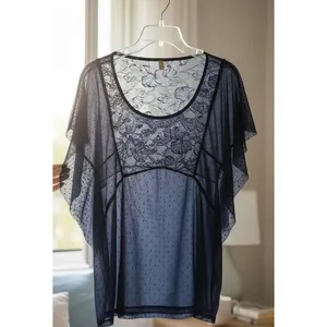 Free People Navy Blue Sheer Lace Mesh Point Desprit Boho Kimono Top Medium‎ thumbnail 3