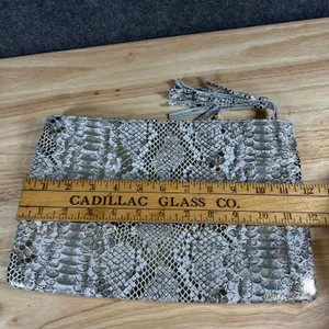 Channing Snakeskin Embossed Tassel Clutch Bag Metallic Gold Cream 12x8 thumbnail 7
