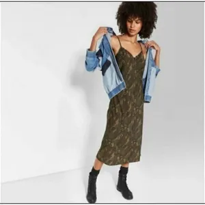 Wild Fable Slip Dress Forest Green Camo Midi S Lace Trim Grunge‎ Woodland Festival Y2K Boho thumbnail 3