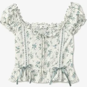 Mine Floral Swiss Dot Crop Top Lace Ribbon Puff Sleeve White Blue Women's‎ L thumbnail 1