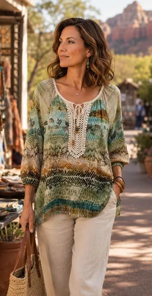 Chico's Abstract Print Crochet Lace‎ Tie Neck Top Green Blue Boho Size 1 M 8 thumbnail 1