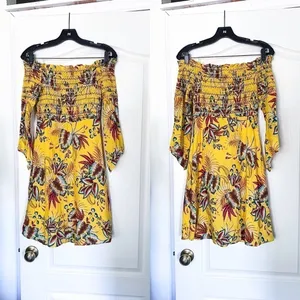 Farm‎ Rio Dress Bria Smocked Mini Floral Off-Shoulder Yellow Multi XS EUC thumbnail 3