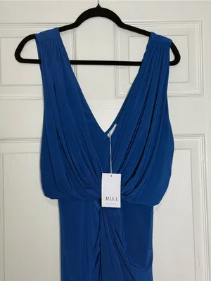 MISA Los Angeles Leza Gathered Crossover Sleeveless Tulip Maxi Dress in Blue L thumbnail 4