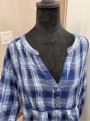 Wrangler Babydoll Plaid Blue White Western Shirt Popover V-Neck Flannel XXL‎ thumbnail 3
