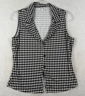 Reformation Gingham Sleeveless Button Down Top Black White Check Large thumbnail 1