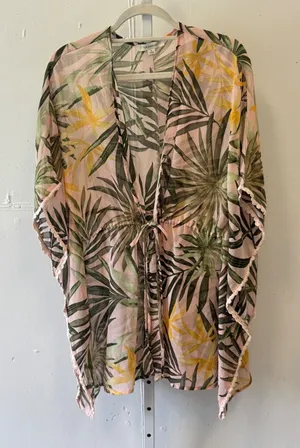 Francescas Tropical Palm Leaf Sheer Swim Cover Up Pink Green Small Crochet Trim thumbnail 1
