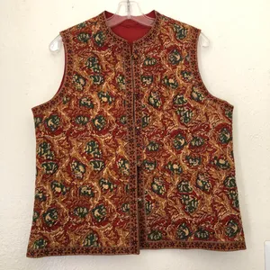 90s Retro Vintage red orange green brown paisley quilted vest sleeveless jacket tunic mock neck Size L, measurement in pics #boho #whimsygoth thumbnail 1