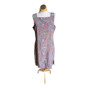 Vtg 1990s Casual Corner Green Pink Paisley 100% Silk Knee Length Sheath Dress 12 thumbnail 2