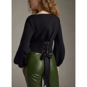 Maeve Anthropologie | Black Tie-Back Ponte Pullover Balloon Sleeve Top | Small thumbnail 2