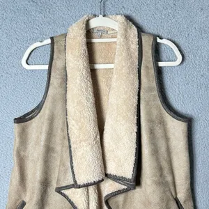 Jodifl Vest Womens M Tan Long Waterfall Front Sleeveless‎ Faux Fur Vest thumbnail 4
