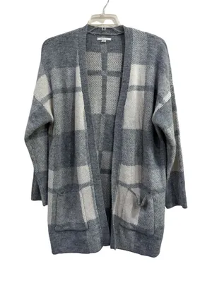 American Eagle Grey Plaid Open Front Cardigan Sweater Medium Pockets Oversized thumbnail 1