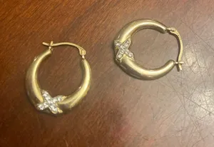 C486 Gold tone Hoop Earrings with Rhinestone X Detail 925 sterling silver thumbnail 1