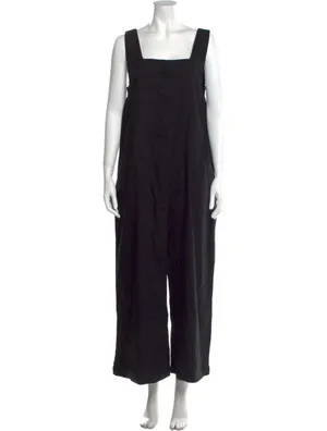 Halston Black Linen Blend Wide Leg Jumpsuit Square Neck Pockets 10 thumbnail 2