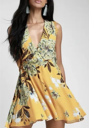 Free People "Marnie" Golden Yellow Floral Short Dress Size S Rayon Boho Floral. thumbnail 1