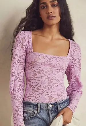 Intimately Free People Long Distance Floral Lace Shirt Women’s Large Pink Angel thumbnail 1