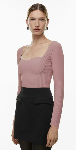 Aritzia Babaton Sculpt Knit Ribbed Sweetheart Neckline Long Sleeve in Blush thumbnail 1