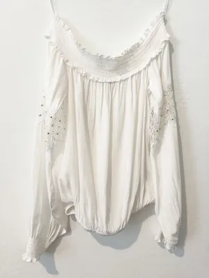 Ramy Brook Marla Blouse Size Small White Off‎ Shoulder Smocked Euro Summer Chic thumbnail 3