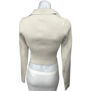 Aritzia Babaton White Ribbed Knit Vneck Collar Long Sleeve Crop Polo Shirt Top M thumbnail 2