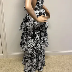 Lulus Black & White Plunging V Neck Halter Ruffled Tier Maxi Long Dress size S thumbnail 5