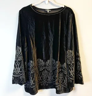 The Limited Blouse Black Velour/ Velvet Burnout Floral Peony w/ Bead Trim XL NWT thumbnail 3
