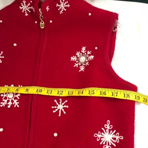 NWT Red white snowflake bedazzled pearl rhinestone Christmas seasonal festive sweater vest cardigan-100% Boiled Wool Size M thumbnail 6
