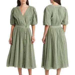 Puff Sleeve Midi Wrap Dress Green thumbnail 5