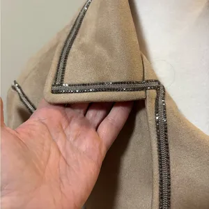 Zara cropped moto jacket coat rhinestones trim beige faux suede M thumbnail 5