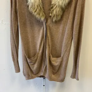 Loft Faux Fur Collar Open Front Cardigan Tan Heather Knit Pockets Large Neutral thumbnail 4