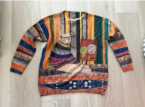 Whimsical Bear Knitting Oversized Sweater L Pullover Cotton Wool Soft Graphic thumbnail 1