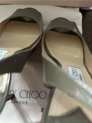 Jimmy Choo Vertigo Patent Leather Slingback Peep-Toe Pumps Pebble Palladium thumbnail 14