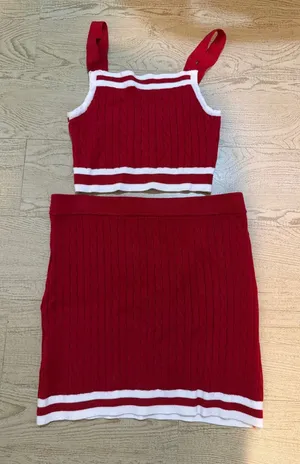 Freshman 1996 Womens Red White Cable Knit 2 Piece Crop Top and Mini‎ Skirt Set S thumbnail 1