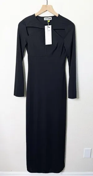 NWT Laagam Alexandra Stretch‎ Knit Dress Black Long Sleeve Cutout Womens Size S thumbnail 1