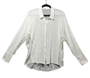 Hem &‎ Thread Ivory Lace Panel Gauze Button Down Shirt Large Boho Romantic Sheer thumbnail 1
