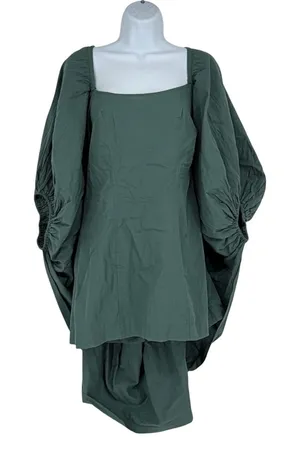 Free-est Free People XS Green Cotton‎ Balloon Sleeve Deep V Back Mini Dress thumbnail 1