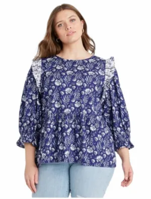 Universal Threads Blue Floral Puff Sleeve Ruffle Babydoll Blouse Cottage Top XXL thumbnail 1