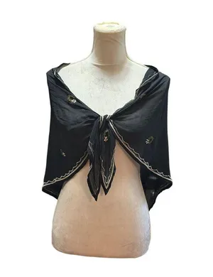 Black Embroidered Sheer Scarf Evening Wrap Shawl Gold & White Beaded Detailing thumbnail 1