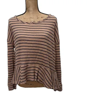 Free‎ People We The Free Auntie Em Top Tan Navy Striped Waffle Peplum Size Large thumbnail 1