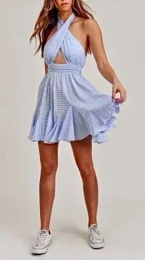 Mable NWT Women's Blue Gingham Backless Cross Front Mini Dress Flowy M thumbnail 1
