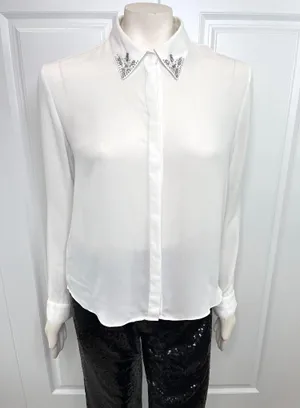 White Jewel Collar Long Sleeve Button Down Blouse thumbnail 5