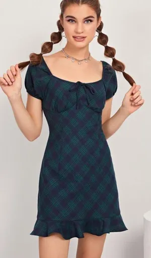 Tie Ruched Bust Ruffle Hem Tartan Dress thumbnail 1