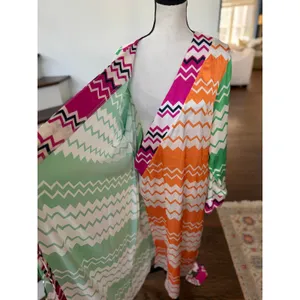 Never Fully Dressed Orange Green Chevron Long Sleeve Wrap Satin Midi Dress thumbnail 6