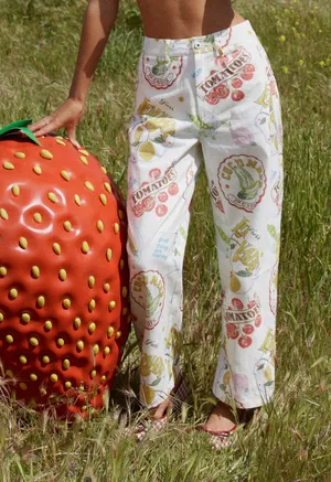 COTTON MID RISE FRUIT CAT GRAPHIC BARREL-LEG TROUSERS small thumbnail 2